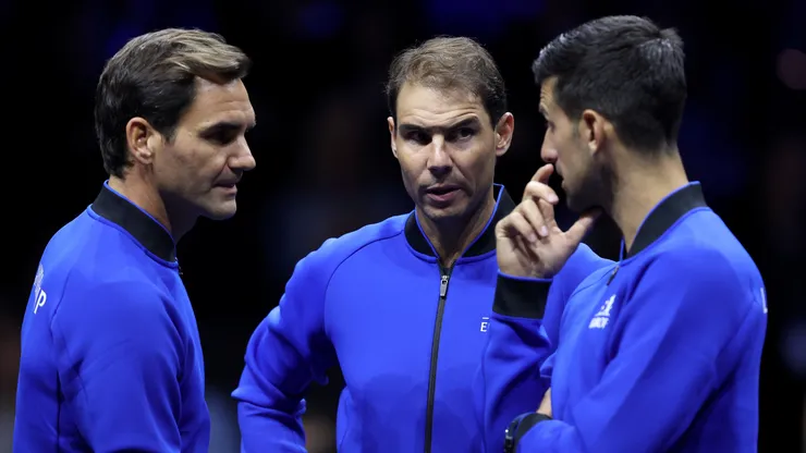 Roger Federer, Rafael Nadal and Novak Djokovic talking during the Laver Cup.