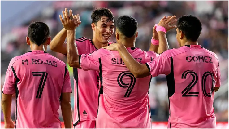 Inter Miami's Luis Suarez celebrates with partners