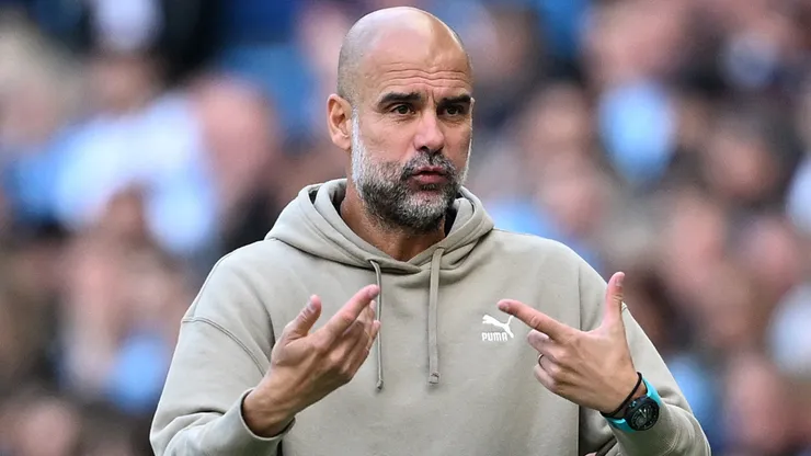 Pep Guardiola, Manager of Manchester City, reacts during the Premier League match between Manchester City FC and Ipswich Town FC at Etihad Stadium on August 24, 2024 in Manchester, England.