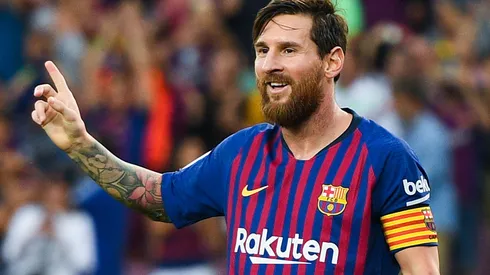 Lionel Messi of FC Barcelona celebrates after scoring his team's sixth goal during the La Liga match between FC Barcelona and SD Huesca at Camp Nou on September 2, 2018 in Barcelona, Spain.
