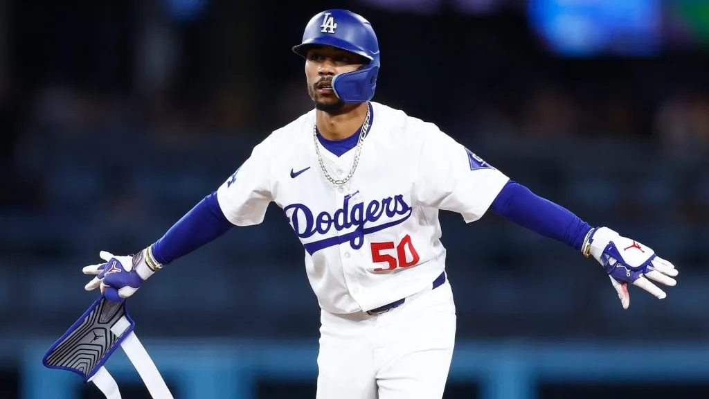 Mookie Betts #50 of the Los Angeles Dodgers after a two-run double against the Seattle Mariners in the third inning at Dodger Stadium. (Photo by Ronald Martinez/Getty Images)