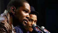 Kevin Durant #35 and Russell Westbrook #0 of the Oklahoma City Thunder speak to the media after their 118 to 94 win over the Golden State Warriors in game four of the Western Conference Finals during the 2016 NBA Playoffs.