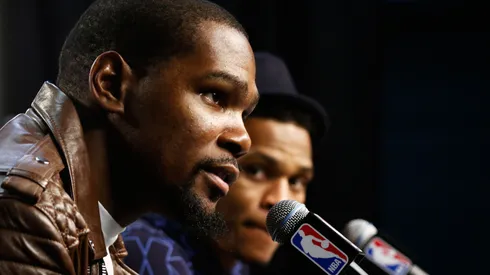 Kevin Durant #35 and Russell Westbrook #0 of the Oklahoma City Thunder speak to the media after their 118 to 94 win over the Golden State Warriors in game four of the Western Conference Finals during the 2016 NBA Playoffs.