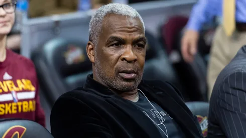 Former NBA player Charles Oakley sits court side prior to the game between the Cleveland Cavaliers and the New York Knicks at Quicken Loans Arena.