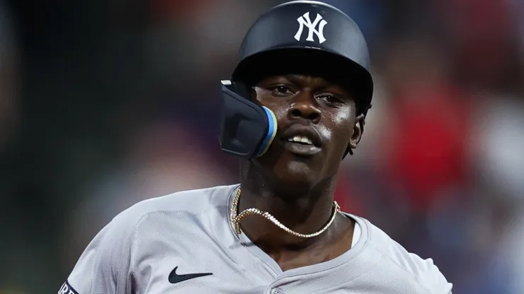 Jazz Chisholm Jr #13 of the New York Yankees rounds the bases after hitting a three-run home run in the seventh inning against the Philadelphia Phillies.