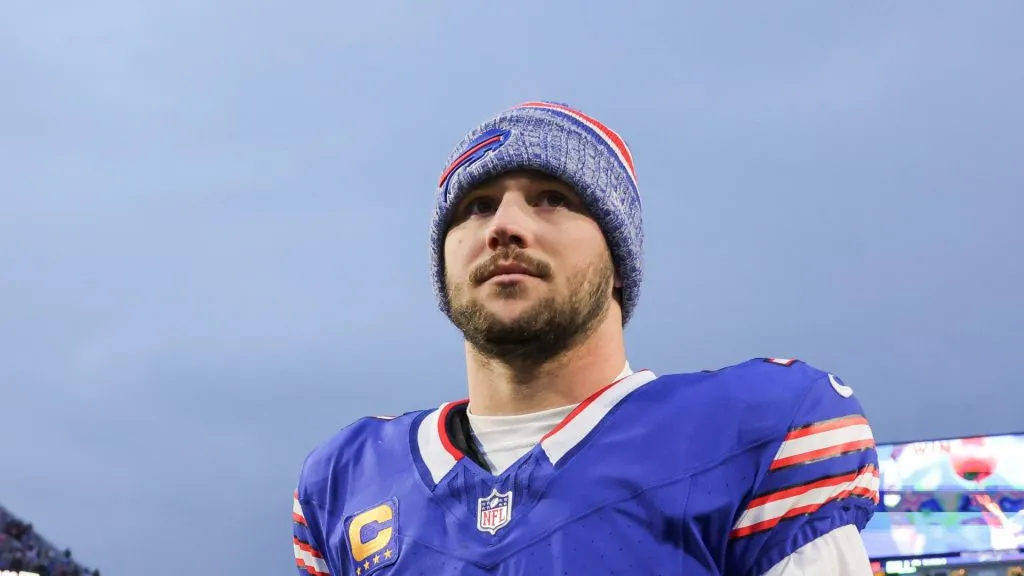 Josh Allen #17 of the Buffalo Bills looks on after a game against the New England Patriots at Highmark Stadium on December 31, 2023 in Orchard Park, New York.