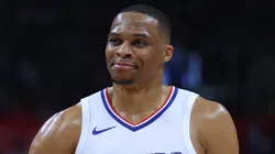 Russell Westbrook #0 of the LA Clippers jokes with Max Strus #1 of the Cleveland Cavaliers during a 120-118 Clippers win at Crypto.com Arena on April 07, 2024 in Los Angeles, California.