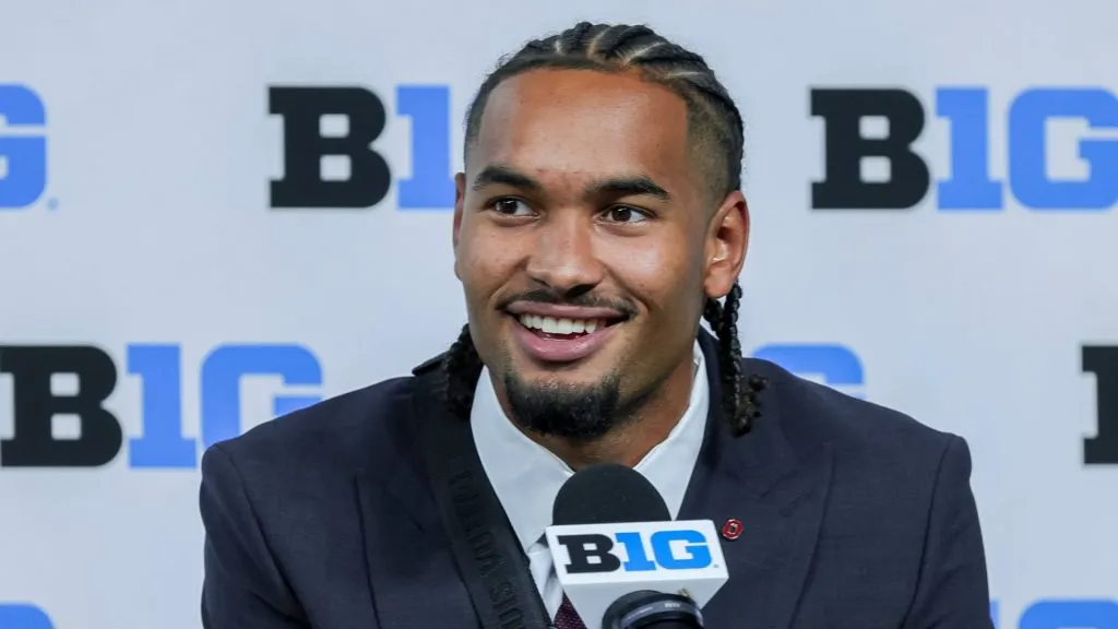 Ohio State Buckeyes wide receiver Emeka Egbuka takes questions during Big Ten Media Days at Lucas Oil Stadium, Indianapolis, Indiana
