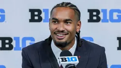 Ohio State Buckeyes wide receiver Emeka Egbuka takes questions during Big Ten Media Days at Lucas Oil Stadium, Indianapolis, Indiana