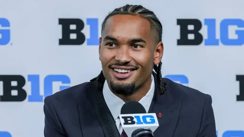 Ohio State Buckeyes wide receiver Emeka Egbuka takes questions during Big Ten Media Days at Lucas Oil Stadium, Indianapolis, Indiana