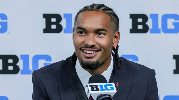 Ohio State Buckeyes wide receiver Emeka Egbuka takes questions during Big Ten Media Days at Lucas Oil Stadium, Indianapolis, Indiana