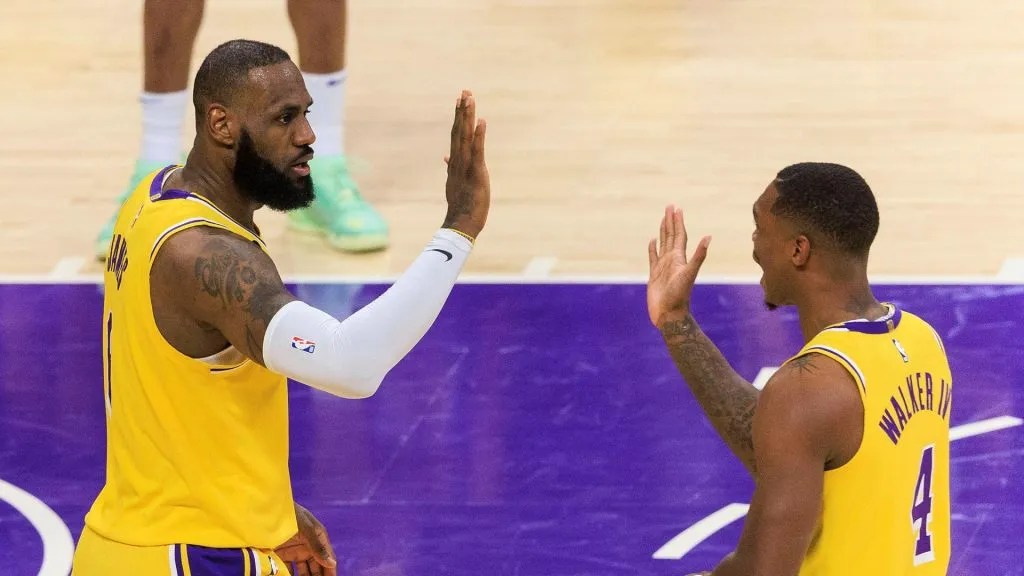 LeBron James 6 of the Los Angeles Lakers congratulates Lonnie Walker IV 4 during Game 4 of the Western Conference semifinals against the Golden State Warriors on Monday May 8, 2023 at Crypto.com Arena in Los Angeles, California.