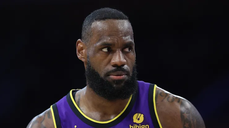 LeBron James #23 of the Los Angeles Lakers looks on during the first half of a game against the Philadelphia 76ers at Crypto.com Arena on March 22, 2024 in Los Angeles, California.