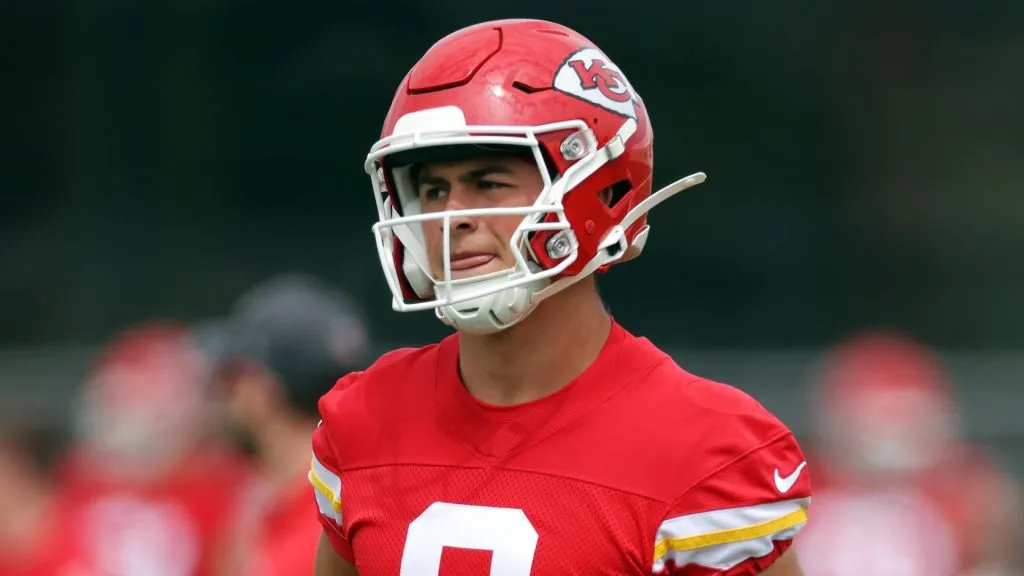 Running back Louis Rees-Zammit #9 of the Kansas City Chiefs participates in OTA Offseason workouts at The University of Kansas Health System Training Complex on May 22, 2024 in Kansas City, Missouri.