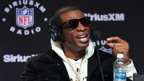 Deion "Coach Prime" Sanders speaks on SiriusXM at Super Bowl LVIII on February 08, 2024 in Las Vegas, Nevada.