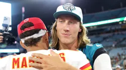 Trevor Lawrence #16 of the Jacksonville Jaguars hugs Patrick Mahomes #15 of the Kansas City Chiefs after a preseason game at EverBank Stadium on August 10, 2024 in Jacksonville, Florida.