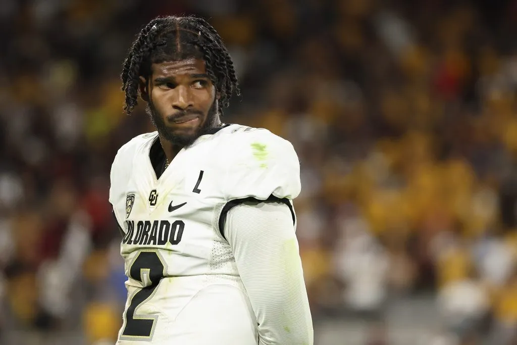 Quarterback Shedeur Sanders #2 of the Colorado Buffaloes watches from the sidelines during the second half of the NCAAF game against the Arizona State Sun Devils at Mountain America Stadium on October 07, 2023 in Tempe, Arizona. The Buffaloes defeated the Sun Devils 27-24.