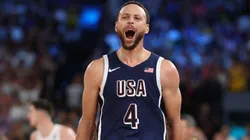 Stephen Curry #4 of Team United States reacts after a three point basket during the Men's Gold Medal game between Team France and Team United States on day fifteen of the Olympic Games Paris 2024 at Bercy Arena on August 10, 2024 in Paris, France.