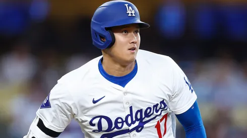 Shohei Ohtani #17 of the Los Angeles Dodgers hits a single against the Baltimore Orioles in the first inning at Dodger Stadium on August 27, 2024 in Los Angeles, California.