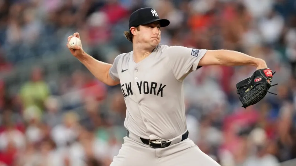 Gerrit Cole #45 of the New York Yankees pitches in the third inning during a baseball game against the Washington Nationals at Nationals Park on August 27, 2024 in Washington, DC. (Photo by Mitchell Layton/Getty Images)