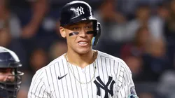 Aaron Judge #99 of the New York Yankees reacts after being hit by pitch in the fifth inning against the Cleveland Guardians at Yankee Stadium.