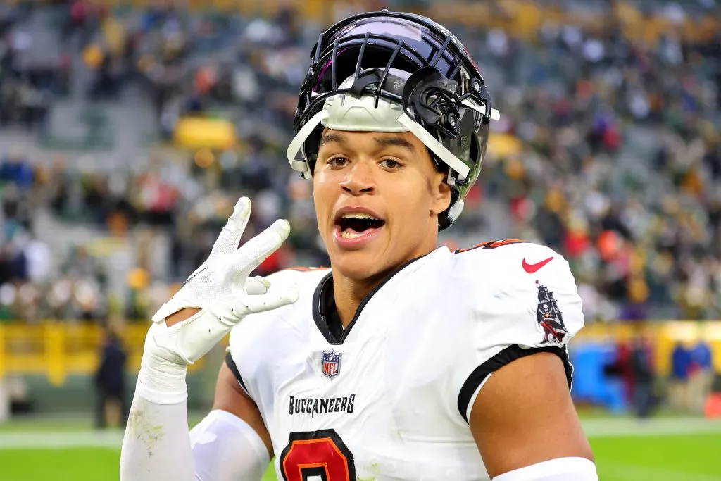 GREEN BAY, WISCONSIN – DECEMBER 17: Joe Tryon-Shoyinka #9 of the Tampa Bay Buccaneers reacts after his team’s 34-20 win against the Green Bay Packers at Lambeau Field on December 17, 2023 in Green Bay, Wisconsin. (Photo by Stacy Revere/Getty Images)