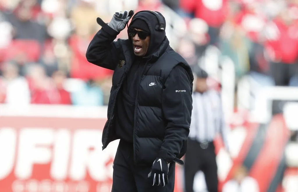 Deion Sanders head coach of the Colorado Buffaloes calls a play during the first half of their game aginast the Utah Utes at Rice Eccles Stadium on November 25, 2023 in Salt Lake City, Utah.