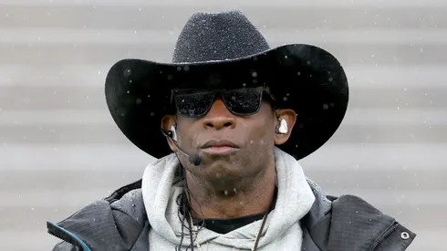 Head coach Deion Sanders of the Colorado Buffaloes watches as his team plays their spring game at Folsom Field on April 27, 2024 in Boulder, Colorado.