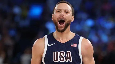 Stephen Curry #4 of Team United States reacts after a three point basket during the Men's Gold Medal game between Team France and Team United States on day fifteen of the Olympic Games Paris 2024.