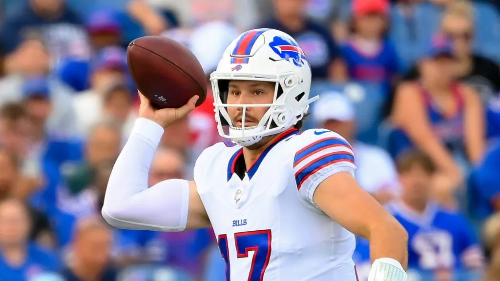 Josh Allen #17 of the Buffalo Bills looks to pass against the Chicago Bears during the first half of a preseason game at Highmark Stadium on August 10, 2024 in Orchard Park, New York.