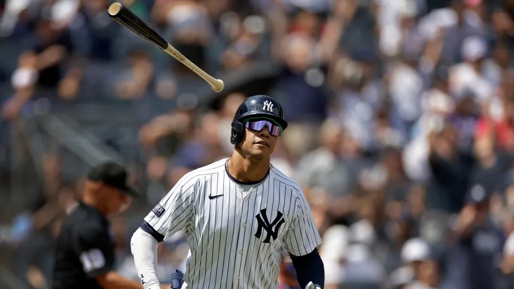 Juan Soto #22 of the New York Yankees throws his bat after hitting a home run during the third inning against the Texas Rangers at Yankee Stadium. (Photo by Adam Hunger/Getty Images)