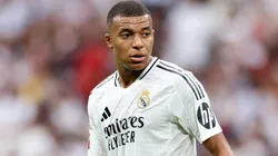 Kylian Mbappe of Real Madrid reacts during the La Liga match between Real Madrid CF and Real Valladolid CF at Estadio Santiago Bernabeu on August 25, 2024 in Madrid, Spain.