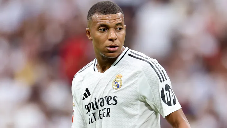 Kylian Mbappe of Real Madrid reacts during the La Liga match between Real Madrid CF and Real Valladolid CF at Estadio Santiago Bernabeu on August 25, 2024 in Madrid, Spain.
