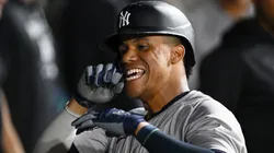 Juan Soto #22 of the New York Yankees celebrates his solo home run in the seventh inning against the Chicago White Sox at Guaranteed Rate Field.