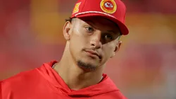Patrick Mahomes #15 of the Kansas City Chiefs watches preseason game action against the Chicago Bears at GEHA Field at Arrowhead Stadium on August 22, 2024 in Kansas City, Missouri.