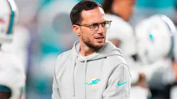 Head coach Mike McDaniel of the Miami Dolphins looks on during warmups prior to a game against the Buffalo Bills at Hard Rock Stadium on January 07, 2024 in Miami Gardens, Florida.