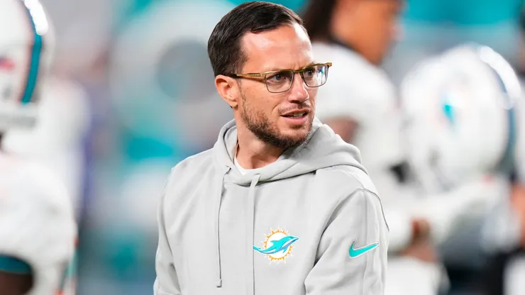 Head coach Mike McDaniel of the Miami Dolphins looks on during warmups prior to a game against the Buffalo Bills at Hard Rock Stadium on January 07, 2024 in Miami Gardens, Florida.