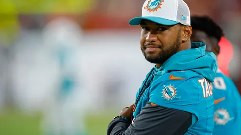 Tua Tagovailoa #1 of the Miami Dolphins looks on during a preseason game against the Tampa Bay Buccaneers at Raymond James Stadium on August 23, 2024 in Tampa, Florida.
