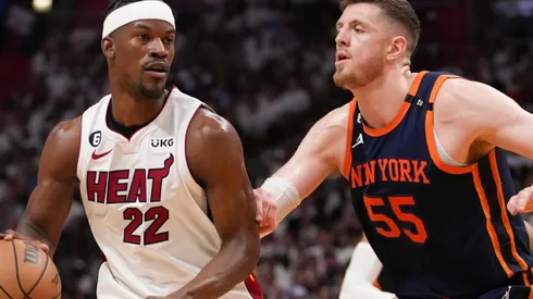 Jimmy Butler of the Miami Heat and Isaiah Hartenstein of the New York Knicks