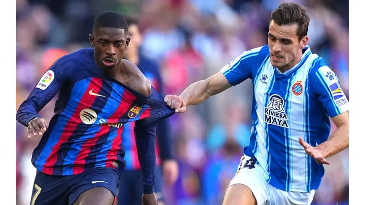 Ousmane Dembele of Barcelona and Brian Olivan of Espanyol