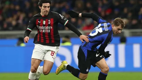 Sandro Tonali of AC Milan competes for the ball with Nicolo’ Barella of FC Internazionale