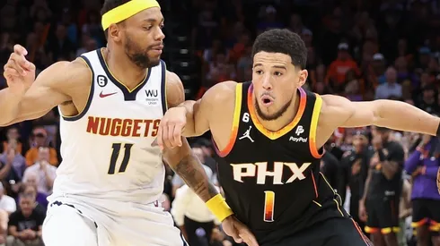 Bruce Brown of the Denver Nuggets and Devin Booker of the Phoenix Suns