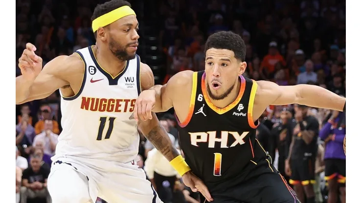 Bruce Brown of the Denver Nuggets and Devin Booker of the Phoenix Suns