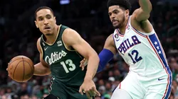 Malcolm Brogdon of the Boston Celtics and Tobias Harris of the Philadelphia 76ers