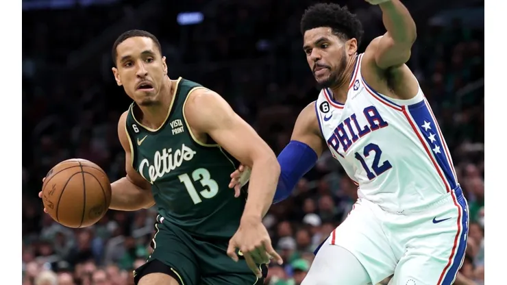 Malcolm Brogdon of the Boston Celtics and Tobias Harris of the Philadelphia 76ers