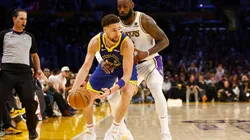 LeBron James #6 of the Los Angeles Lakers and Klay Thompson #11 of the Golden State Warriors