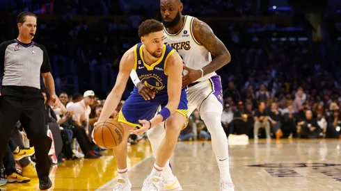 LeBron James #6 of the Los Angeles Lakers and Klay Thompson #11 of the Golden State Warriors