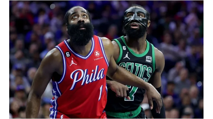 James Harden #1 of the Philadelphia 76ers looks on against Jaylen Brown #7 of the Boston Celtics