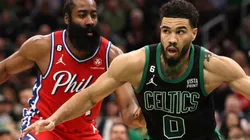 James Harden of the Philadelphia 76ers and Jayson Tatum of the Boston Celtics