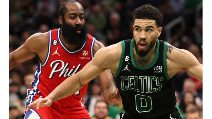 James Harden of the Philadelphia 76ers and Jayson Tatum of the Boston Celtics